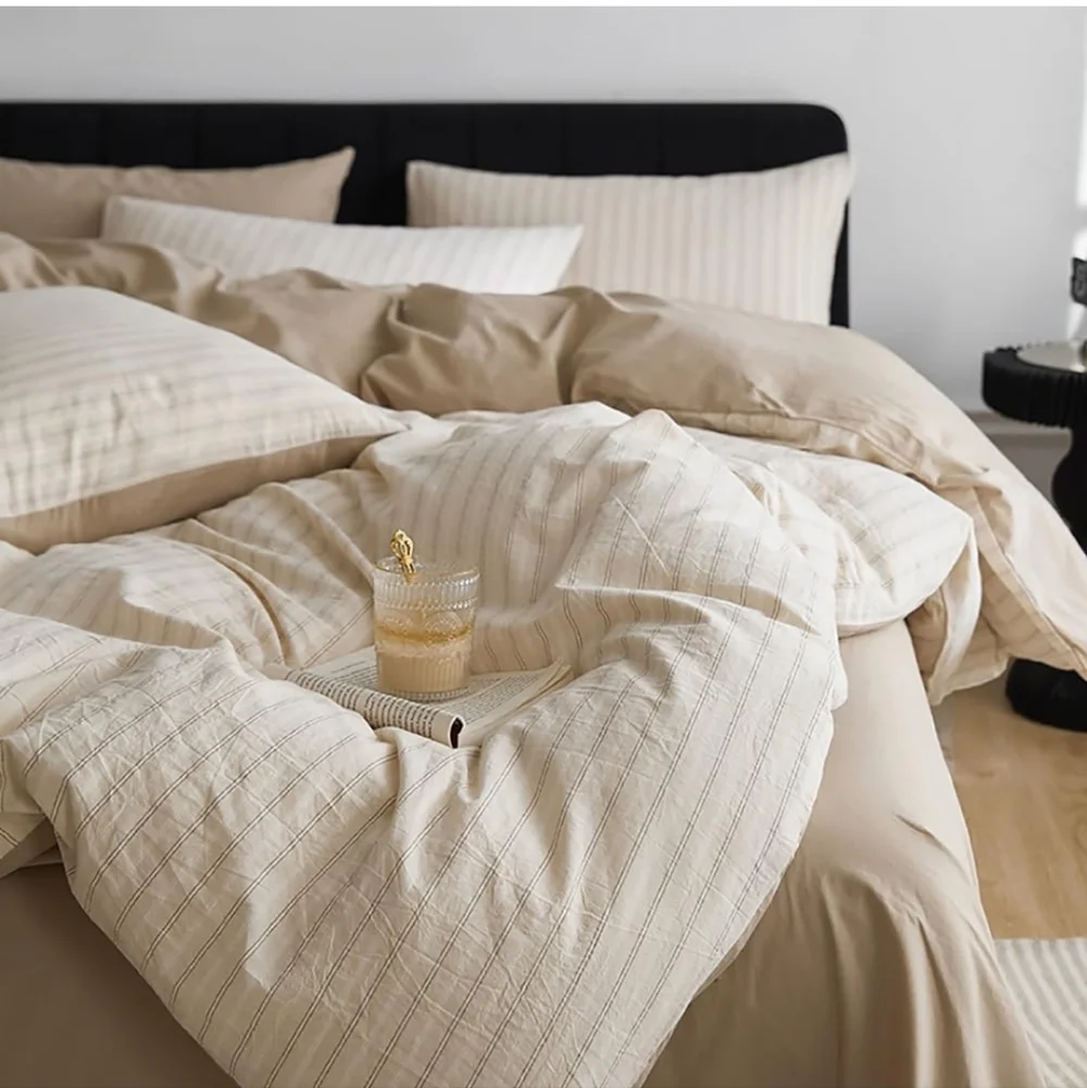 Beige Striped Duvet Cover Queen Size 100% Washed Cotton Duvet Cover Linen Like T